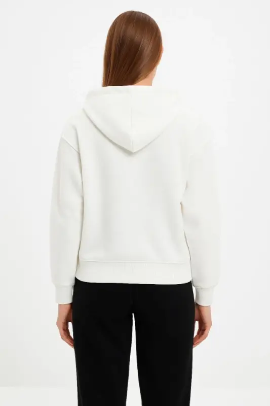 Oversize Hooded Sweatshirt 3-Thread Raised Cotton Fabric, Printed Front, Zippered Relaxed Fit, Winter and Street Style Sweat - White - 4