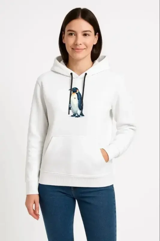 Oversize Hoodie - Sırt Baskılı Survivor Penguin Temalı, Felsefi Yazılı Kapüşonlu Sweatshirt - Beyaz - BÜYÜKBEDENIZ