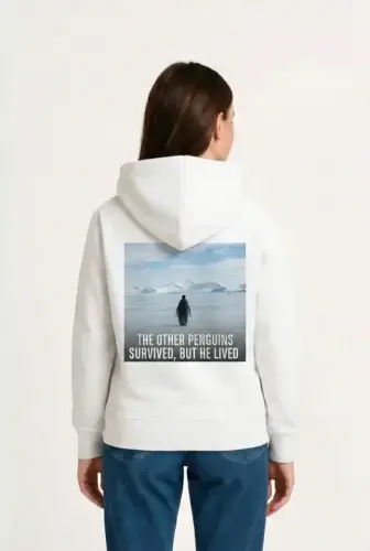 Oversize Hoodie - Sırt Baskılı Survivor Penguin Temalı, Felsefi Yazılı Kapüşonlu Sweatshirt - Beyaz - BÜYÜKBEDENIZ (1)