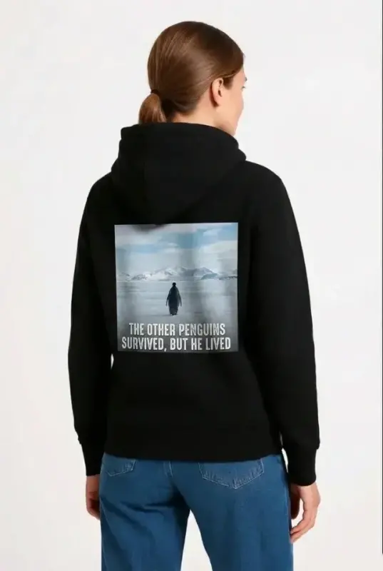Oversize Hoodie - Sırt Baskılı Survivor Penguin Temalı, Felsefi Yazılı Kapüşonlu Sweatshirt - Siyah - BÜYÜKBEDENIZ