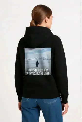 Oversize Hoodie - Sırt Baskılı Survivor Penguin Temalı, Felsefi Yazılı Kapüşonlu Sweatshirt - Siyah - 1