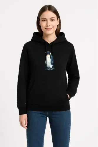 Oversize Hoodie - Sırt Baskılı Survivor Penguin Temalı, Felsefi Yazılı Kapüşonlu Sweatshirt - Siyah - BÜYÜKBEDENIZ (1)
