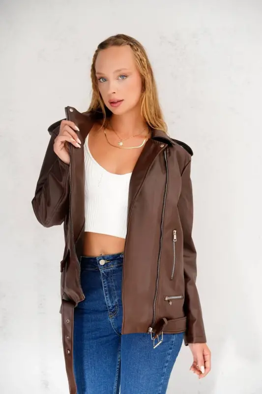 Oversize Kadın Uzun Biker Deri Ceket-Kahverengi - BUQRE'S MODA