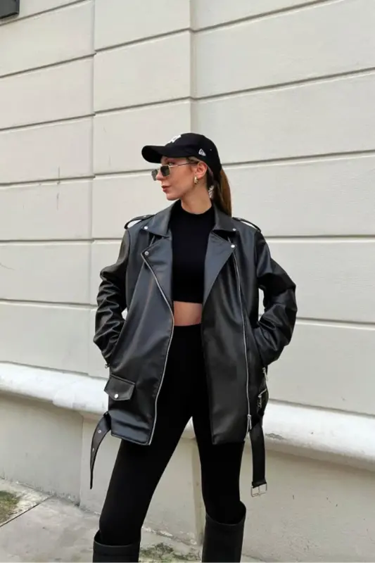 Oversize Kadın Uzun Biker Deri Ceket - Siyah1 - 1