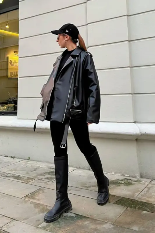 Oversize Kadın Uzun Biker Deri Ceket - Siyah1 - 2