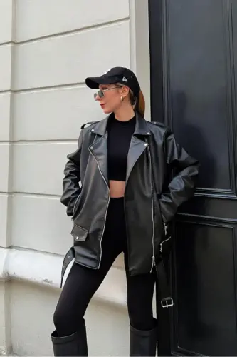 Oversize Kadın Uzun Biker Deri Ceket - Siyah1 - 5