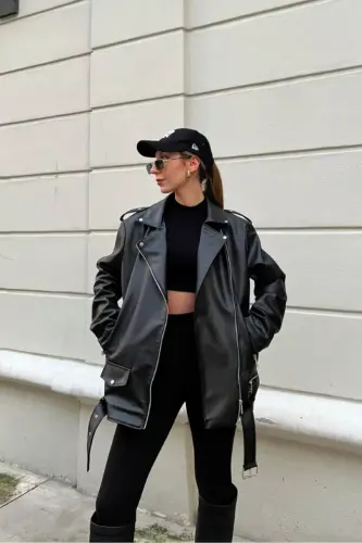 Oversize Kadın Uzun Biker Deri Ceket-Siyah1 