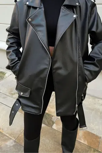 Oversize Kadın Uzun Biker Deri Ceket-Siyah1 - 3