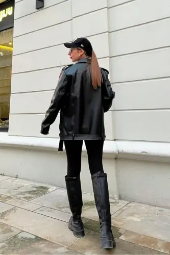Oversize Kadın Uzun Biker Deri Ceket-Siyah1 - 4