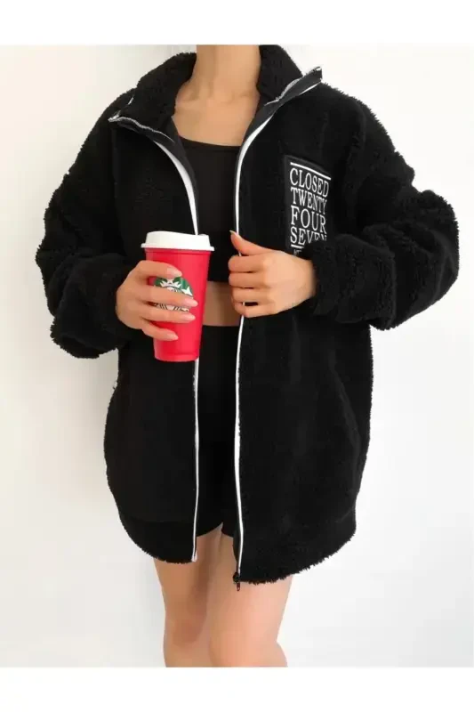 oversize kalıp peluş kurtka unisex-qop-qora1 - GENEL MARKALAR