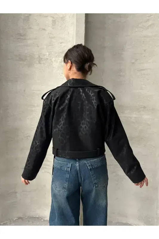 Oversize Kamarli Teri Tarzidagi Leopard Kurtka - qora - 7