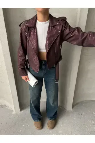 Oversize kamarli teri uslubidagi leopard kurtka - olcha rangi - 4