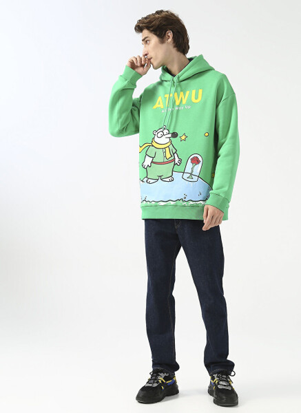 Oversize Kapüşonlu Baskılı Yeşil Erkek Şardonlu Sweatshirt - 3