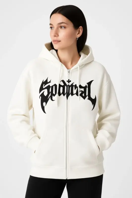 Oversize Kapüşonlu Sweatshirt Hoodie 3 İplik Şardonli Paxtali Mato, Oldi Bosma, Zipetli Qulay Bichim, Qishki Va Ko'cha Stili Sweat - Oq - 1