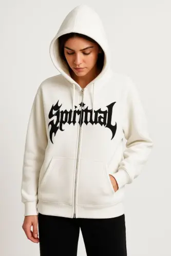 Oversize Kapüşonlu Sweatshirt Hoodie 3 İplik Şardonli Paxtali Mato, Oldi Bosma, Zipetli Qulay Bichim, Qishki Va Ko'cha Stili Sweat - Oq - BÜYÜKBEDENIZ (1)