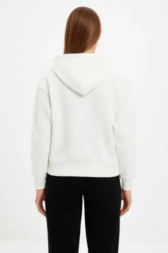 Oversize Kapüşonlu Sweatshirt Hoodie 3 İplik Şardonlu Pamuklu Kumaş, Önü Baskılı, Fermuarlı Rahat Kalıp, Kışlık Ve Sokak Stili Sweat - Beyaz - 4