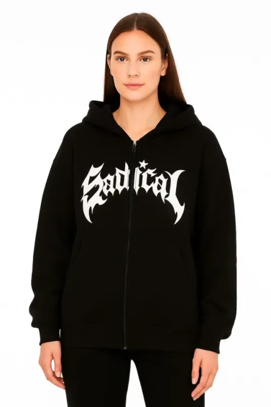 Oversize Kapüşonlu Sweatshirt Hoodie 3 İplik Şardonlu Pamuklu Kumaş, Önü Baskılı, Fermuarlı Rahat Kalıp, Kışlık Ve Sokak Stili Sweat - Siyah - 1