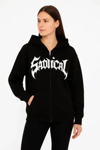 Oversize Kapüşonlu Sweatshirt Hoodie 3 İplik Şardonlu Pamuklu Kumaş, Önü Baskılı, Fermuarlı Rahat Kalıp, Kışlık Ve Sokak Stili Sweat - Siyah - 4