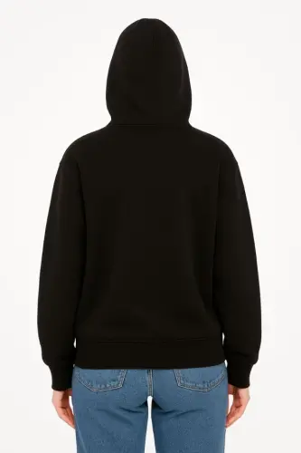 Oversize Kapüşonlu Sweatshirt Hoodie 3 İplik Şardonlu Pamuklu Kumaş, Önü Baskılı, Fermuarlı Rahat Kalıp, Kışlık Ve Sokak Stili Sweat - Siyah - 3