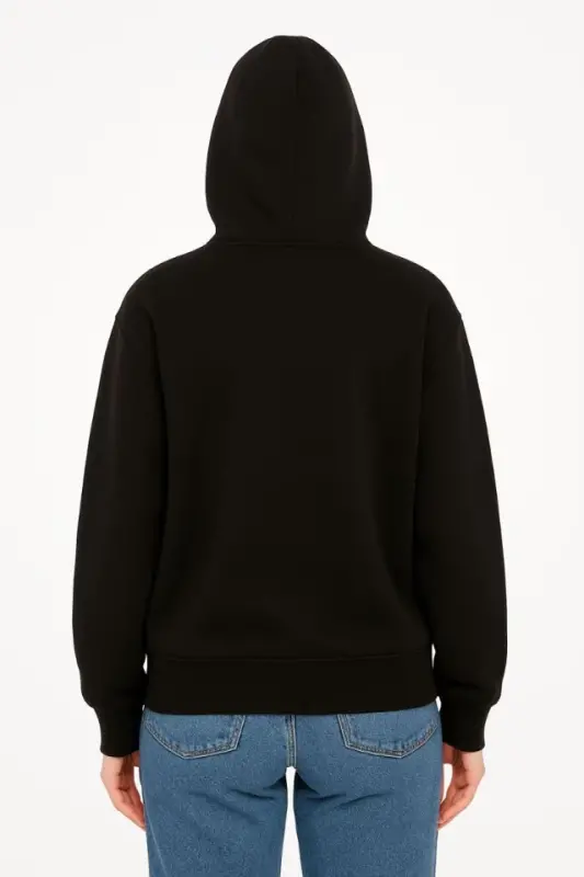 Oversize Kapüşonlu Sweatshirt Hoodie 3 İplik Şardonlu Pamuklu Kumaş, Önü Baskılı, Fermuarlı Rahat Kalıp, Kışlık Ve Sokak Stili Sweat - Siyah - 3