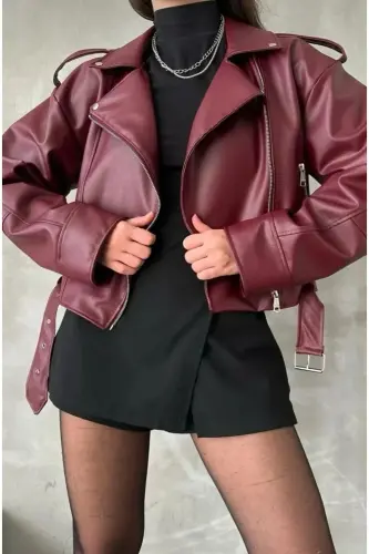 Oversıze Kemerli Deri Tarz Ceket - Bordo - 1