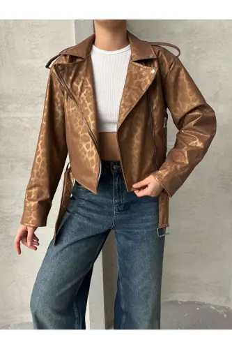 Oversıze Kemerli Deri Tarz Leopar Ceket-taba - 1