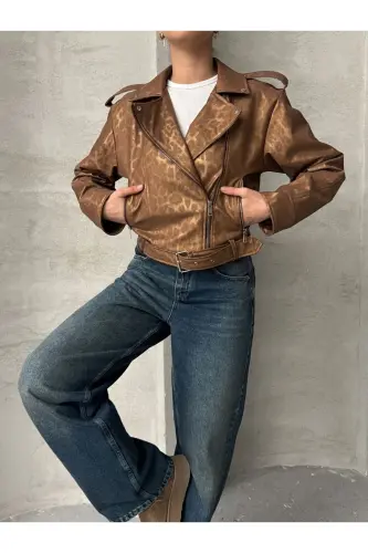 Oversıze Kemerli Deri Tarz Leopar Ceket-taba - 3