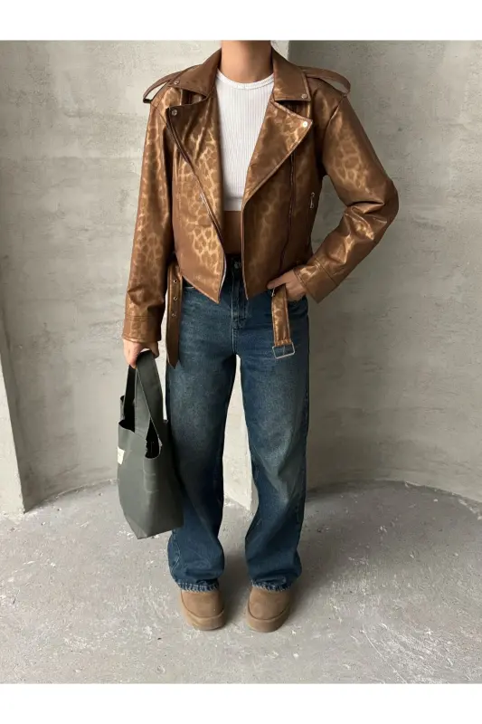 Oversıze Kemerli Deri Tarz Leopar Ceket-taba - 4