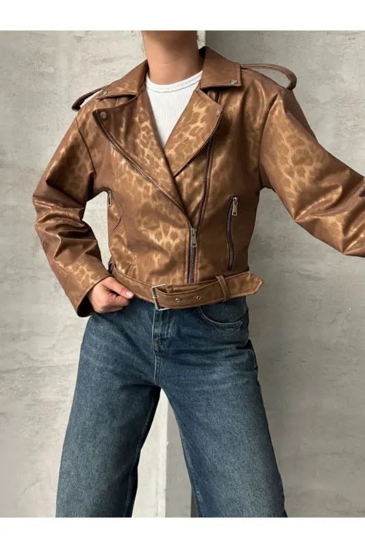 Oversıze Kemerli Deri Tarz Leopar Ceket-taba - 6