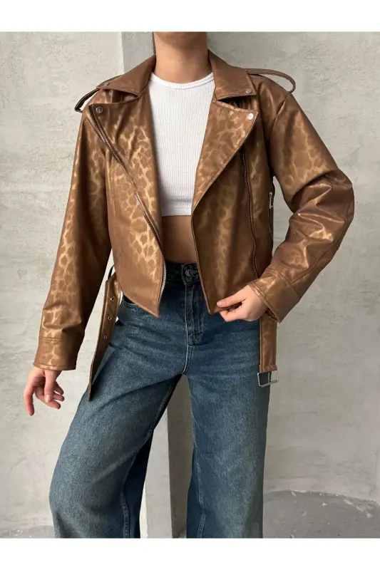 Oversıze Kemerli Deri Tarz Leopar Ceket-taba - 1