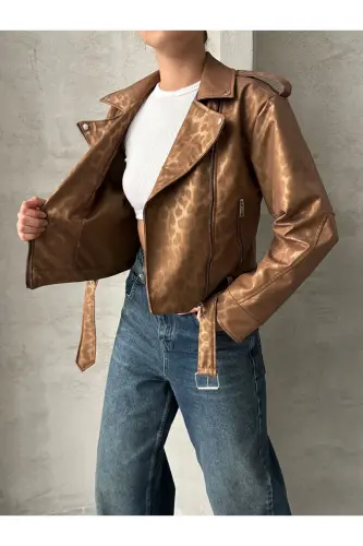 Oversıze Kemerli Deri Tarz Leopar Ceket-taba - 7