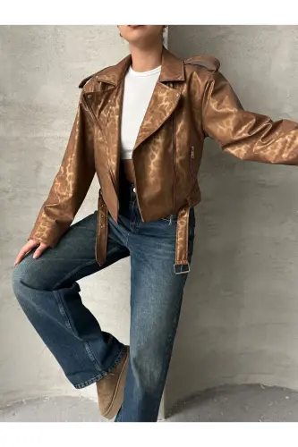 Oversıze Kemerli Deri Tarz Leopar Ceket-taba - MEECY (1)