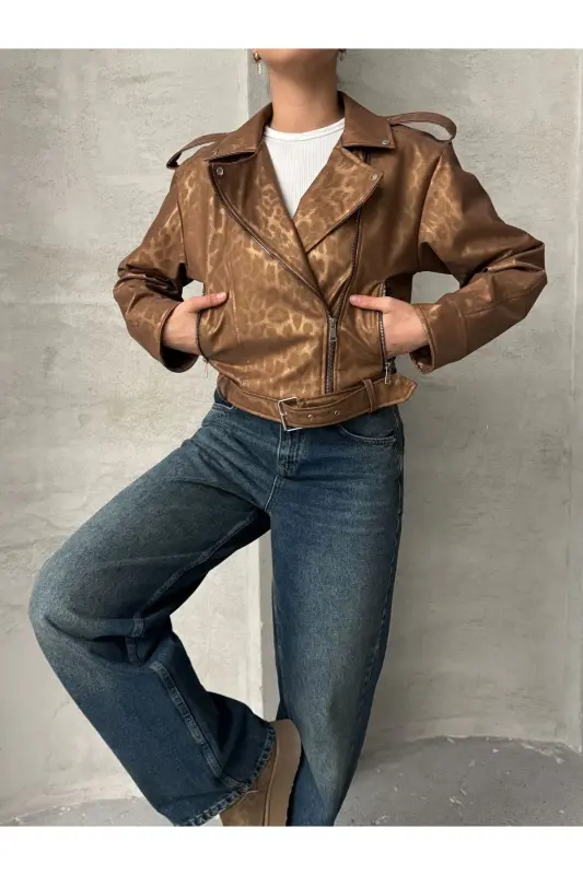 Oversıze Kemerli Deri Tarz Leopar Ceket-taba - 3