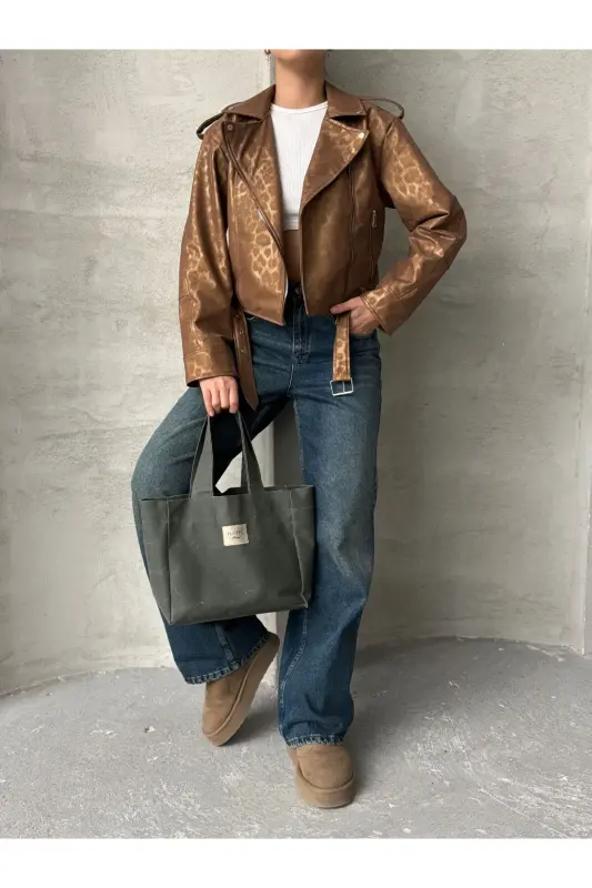 Oversıze Kemerli Deri Tarz Leopar Ceket-taba - 5