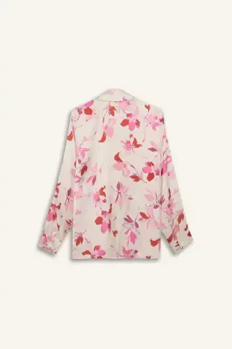 Oversize Keng Kalıp Naqshli Saten Uzun Yengli Ko'ylak-Ekru - 10