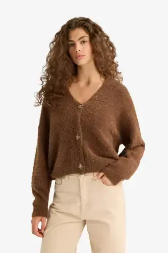 Oversize Keng Kalıp V Yoqali Triko Kardigan - Qahva - 3