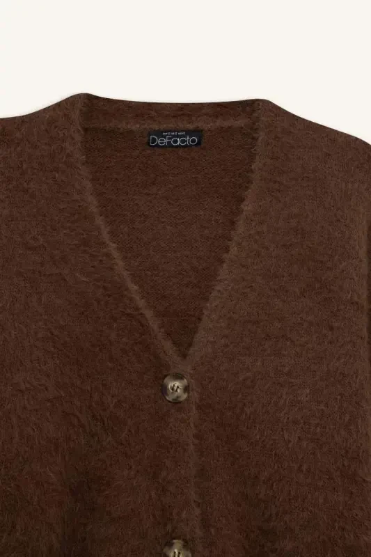 Oversize Keng Kalıp V Yoqali Triko Kardigan - Qahva - 8