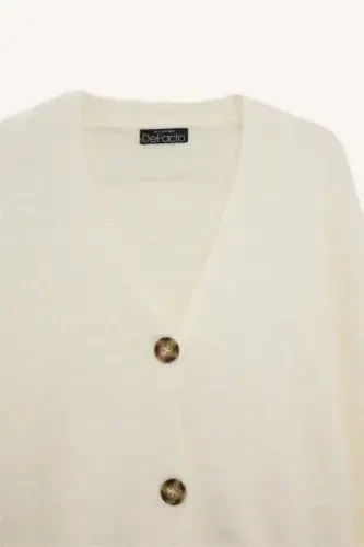 Oversize Keng Kalıp V Yoqali Trikot Kardigan-Ekru - 3