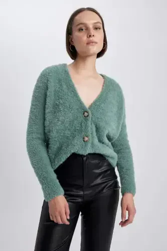 Oversize Keng Kalıp V Yoqali Trikot Kardigan - Och yashil - 4