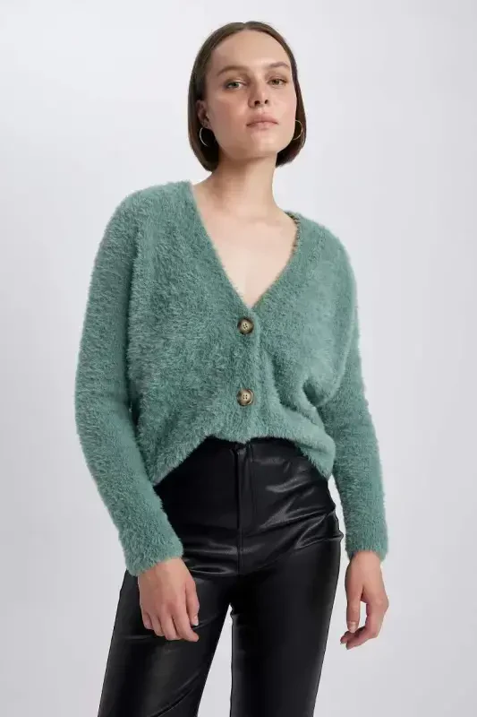 Oversize Keng Kalıp V Yoqali Trikot Kardigan - Och yashil - 4