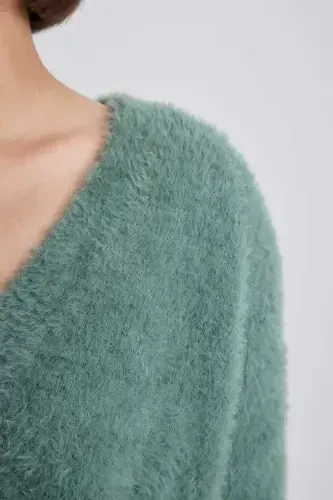Oversize Keng Kalıp V Yoqali Trikot Kardigan - Och yashil - 5