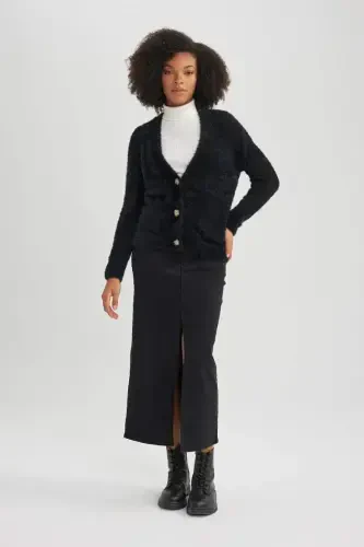 Oversize Keng Kalıp V Yoqali Trikot Kardigan-Qora - 6