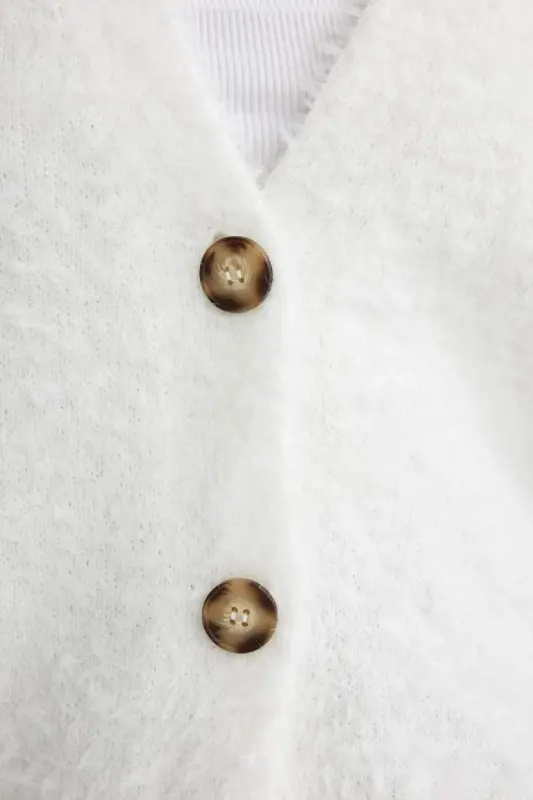 Oversize Keng Qolib V Yoqali Triko Kardigan-Ekru - 5