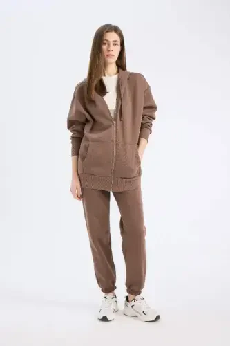 Oversize Keng Qolip Kapüşonli Cepli Basic Tekis Fermuarli Sweatshirt-Qahva 