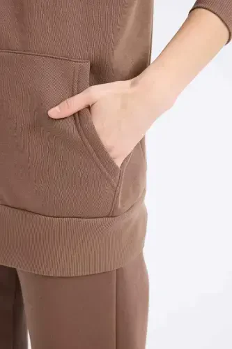 Oversize Keng Qolip Kapüşonli Cepli Basic Tekis Fermuarli Sweatshirt-Qahva - 4