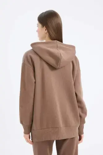 Oversize Keng Qolip Kapüşonli Cepli Basic Tekis Fermuarli Sweatshirt-Qahva - 5
