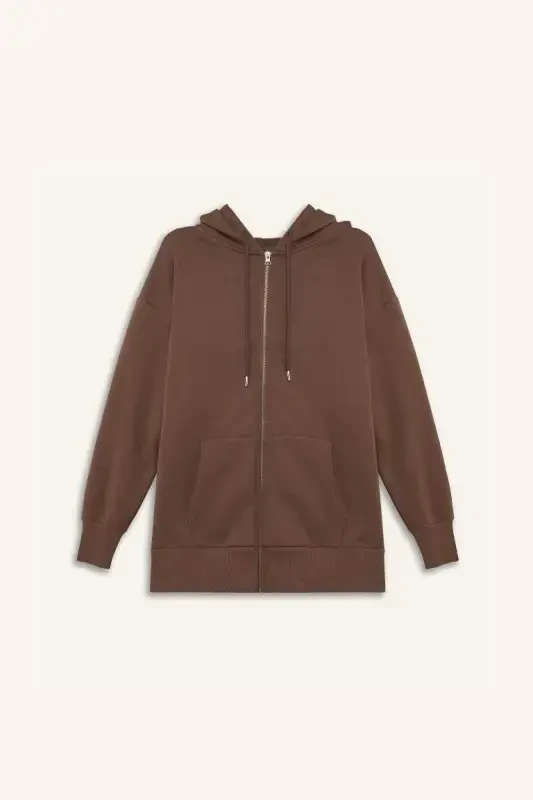 Oversize Keng Qolip Kapüşonli Cepli Basic Tekis Fermuarli Sweatshirt-Qahva - 6