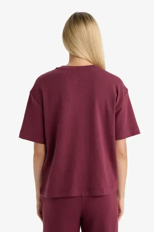 Oversize Keng Qolip Velosiped Yoqali Asosiy Tekis Qisqa Yengli Futbolka-Bordo - 6