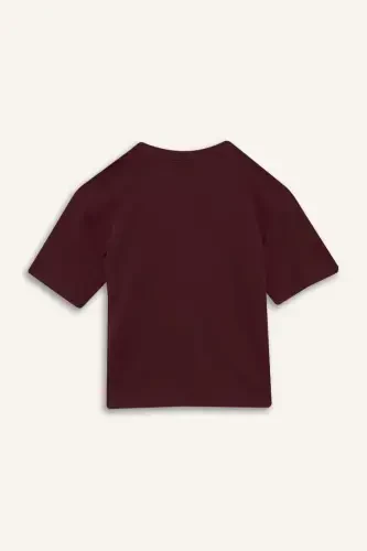 Oversize Keng Qolip Velosiped Yoqali Asosiy Tekis Qisqa Yengli Futbolka-Bordo - 9