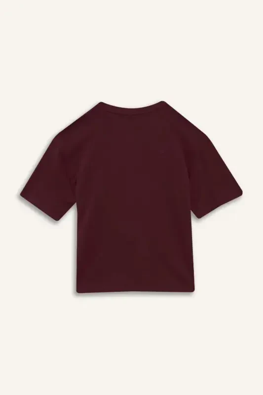 Oversize Keng Qolip Velosiped Yoqali Asosiy Tekis Qisqa Yengli Futbolka-Bordo - 9